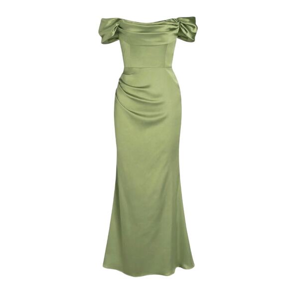 Cider Women's XLarge Light Green Ruched Off-Shoulder Satin Maxi Dress - Picture 1 of 8
